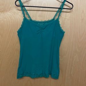 NWOT turquoise, lace trimmed tank top. Straps are lace. Built in bra. Size Med.